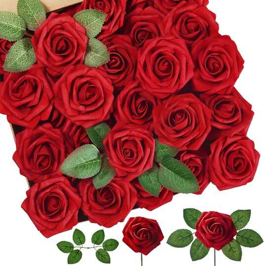 Artificial Rose Heads Red Wine Fake Roses Latex Foam Roses Real Looking Rose Heads with Stems Wedding Decor DIY Bouquets Party Home Decor